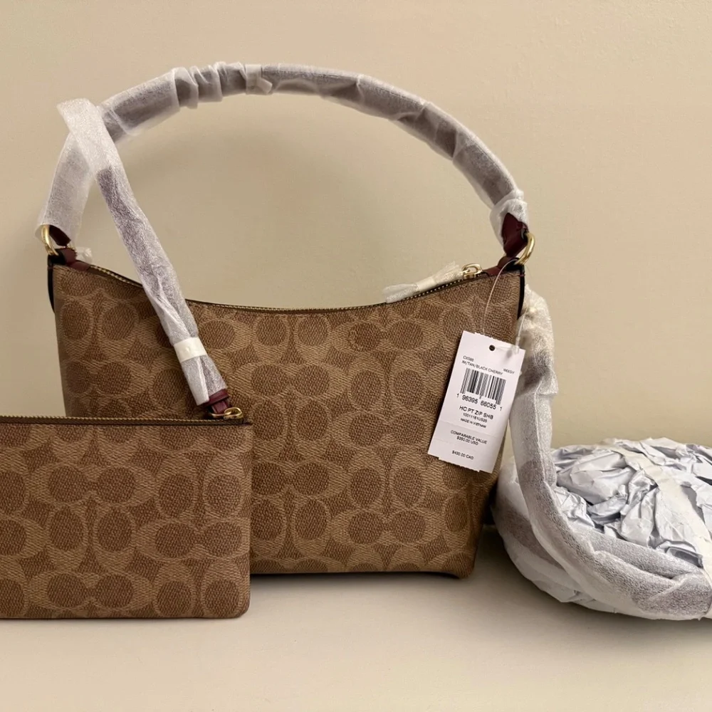 Coach Shoulder Bag Signature Canvas Leather Horse Carriage Print with Wallet - Picture 3 of 9